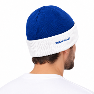 Bonnet personnalisé brodé avec le nom de l'équipe, bicolore, bleu et blanc contrastés, tricoté, chaud pour l'hiver, multicolore, style skull cap - Product Image 3