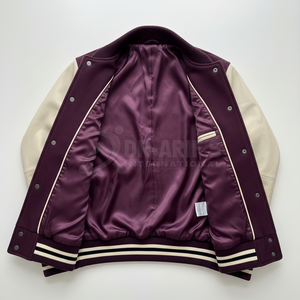 Veste universitaire pour homme, couleur crème et bordeaux, manches en cuir, broderie M48, style preppy, col rabattu, automne, grande taille - Product Image 6