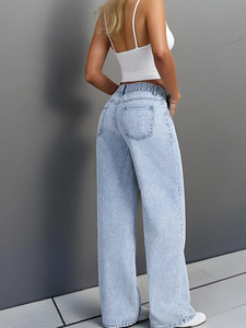 OEM 100 Cotton Low Waisted Straight Leg Jeans Womens Light Blue Wide Leg Denim Pants Cross Border Classy Jeans - Product Image 3