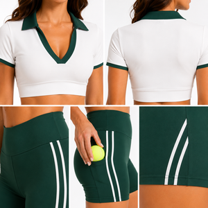 Women Tennis <b>Yoga</b> <b>Set</b> Polo Crop Top High Waist Biker Shorts Fitness Gym Activewear Sportswear <b>Set</b> - Product Image 6