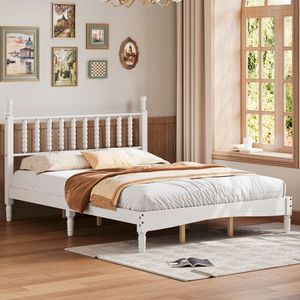 <b>Queen</b> <b>Size</b> Retro Style Wood Platform <b>Bed</b> with Gourd Shaped Headboard Walnut Finish Wooden Slat Support - Product Image 1