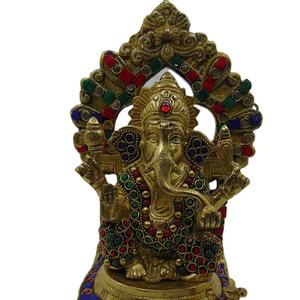 Statue en laiton poli de luxe du Dieu Ganesha sur trône, hauteur 9 pouces, Meenakari, vente chaude - Product Image 1