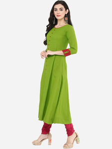 Womens Green Cotton Slub Mirror Work Anarkali Kurta With Round Neck <b>Three</b> Fourth Sleeves Crafted For Global Ethnic Casual Wear - Product Image 5