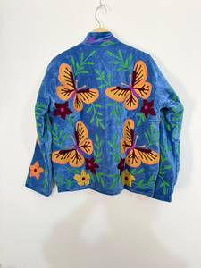 Veste bomber en velours brodée tendance |   Velours brodé à motif floral botanique et papillon, fermeture éclair, réversible, style bohème - Product Image 4