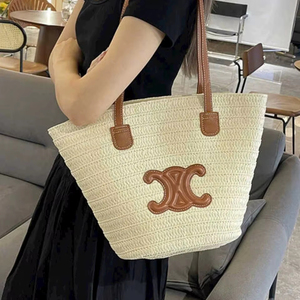 Sac fourre-tout décontracté en paille tressée, style boîte, vintage, rond, avec bandoulière en cuir PU, fermeture éclair et broderie - Product Image 1