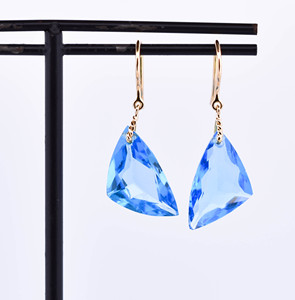 Natural Swiss Blue Topaz Trillion <b>Dangle</b> <b>Earrings</b> in Solid 18K Yellow <b>Gold</b> Large Geometric Gemstone Drops & Twisted <b>Gold</b> Dengle - Product Image 1