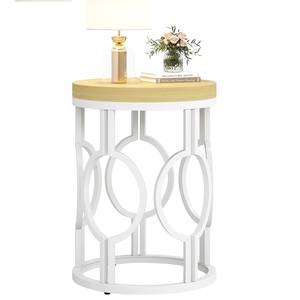 Modern Round Wood Top <b>Iron</b> Frame Coffee <b>Table</b> with Storage Shelf and Geometric Design for Living Room Bedroom Office Furniture - Product Image 5
