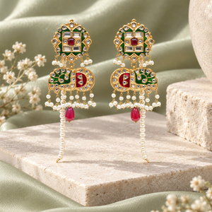 Gold Plated Red Green Meenakari Kundan Style Earrings with Faux Pearls <b>Pakistani</b> Wedding <b>Jewelry</b> Factory Wholesale - Product Image 5