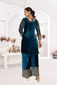Ensemble pakistanais en velours turquoise brodé en micro-coton avec dupatta et pantalon, tenue de fête traditionnelle, infroissable et extensible - Product Image 4