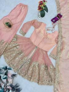 Ensemble élégant pour femme en soie bicolore, 3 pièces, avec broderie miroir, travail de sequins, doublure en micro-coton et palazzo prêt-à-porter - Product Image 6