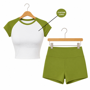 Cosh International Sorority Sisterhood <b>2</b> <b>Piece</b> Sports <b>Set</b> <b>White</b> Green Short Sleeve Crop Top High Waist Shorts Breathable Knitted - Product Image 1