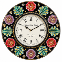 Grande horloge murale florale en bois artisanale |   Design indien traditionnel peint à la main |   Horloge analogique à quartz alimentée par piles, emballée dans une boîte