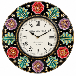 Grande horloge murale florale en bois artisanale |   Design indien traditionnel peint à la main |   Horloge analogique à quartz alimentée par piles, emballée dans une boîte - Product Image 3