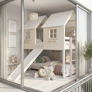 Twin Size Wooden Bunk <b>Bed</b> With Slide <b>House</b> Design White Pink Scandinavian Style Kids <b>Bed</b> - Product Image 3