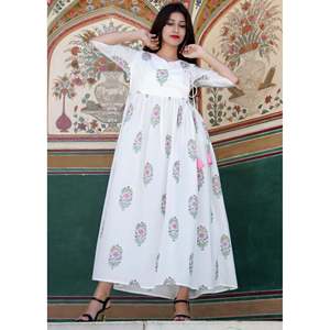 Vestido Angrakha Rosa de Algodón, Estampado a Mano, Estilo Casual, India Pakistán, Talla XS - Product Image 4