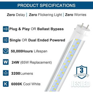 Tubi LED T8 Tipo A+B da 4FT, 24W (equivalente a 65W), 3200LM, 6000K, con attacco singolo/doppio, Plug & Play, Ballast incluso - Product Image 2