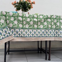 Mantel de Algodón Hecho a Mano con Diseño Floral Verde y Blanco, Estampado Tradicional Indio, Lavable, Ecológico, Duradero, Tamaño Personalizado