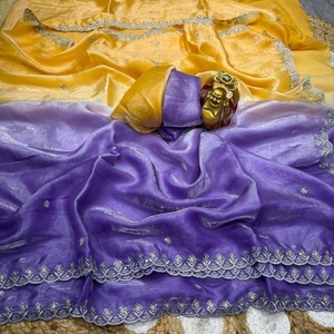 Gradient Orange Purple <b>Satin</b> <b>Saree</b> Embellished Traditional Dress With Unstitched Blouse for Wedding Party - Product Image 4
