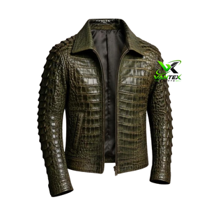 Men's Brown Croc Embossed Genuine Canvas Motorcycle <b>Jacket</b> Stand Collar Breathable Fabric <b>Sheep</b> Lining Snake <b>Skin</b> Design Zipper - Product Image 3