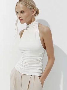 Women Black Turtleneck Ruched Tank <b>Top</b> Sleeveless Knitted Solid Sexy Club Style Breathable Spandex Polyester Fit <b>Top</b> - Product Image 2