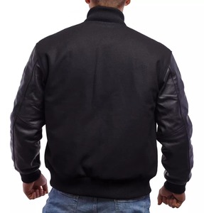 Veste de baseball noire pour homme, col montant, fermeture à boutons-pression, manches en cuir, poignets côtelés - Product Image 3