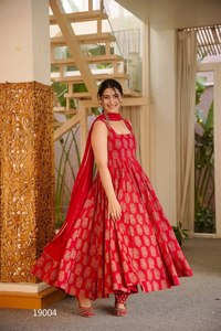 Women's RED Printed Anarkali Suit With Dupatta Floor Length Traditional Party Wear India Pakistan Style Silk <b>Dress</b> - Product Image 4