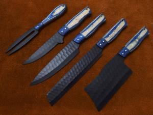 Handmade High Carbon Steel 5 Piece <b>Knife</b> <b>Set</b> With Wood Handle Black Hammered Blade Chef <b>Knives</b> Ambidextrous Straight Edge - Product Image 5
