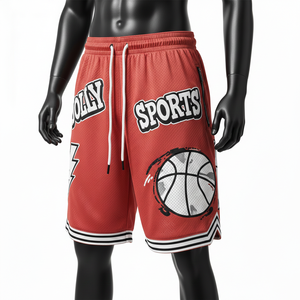 Short de basketball en maille polyester premium 180 GSM, couleur rouge, avec patch en chenille et panneau à rayures imprimées à l'écran - Product Image 4