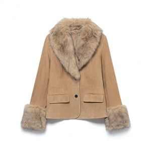 Veste en daim synthétique pour femme, hiver, avec doublure en fourrure, style rétro, col en V, simple boutonnage - Product Image 5