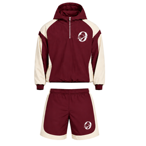 Mens <b>Burgundy</b> Neutral Colorblock Nylon Hoodie <b>Shorts</b> Set Quarter Zip Lightweight Athletic Running Gym Casual Sports Outfit - Product Image 1