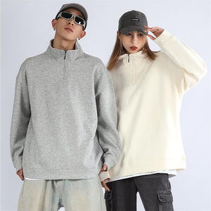OEM <b>Men</b>`<b>s</b> Streetwear Oversized <b>Half</b> <b>Zip</b> <b>Sweatshirt</b> Solid Grey Stand Collar 100% Cotton Custom Logo Pullover Top Summer Wear - Product Image 5