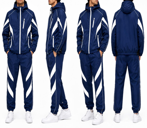 Conjunto Deportivo Unisex Azul Marino con Capucha y Cremallera, Diseño Deportivo con Logotipo Estampado, Material de Poliéster de Secado Rápido, Ropa de Otoño - Product Image 3