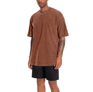 Trending 100% Cotton <b>Men's</b> Oversized Acid Wash <b>T</b> <b>Shirt</b> Short Sleeve O Neck <b>Curved</b> <b>Hem</b> Solid Street Style Tee Brown OEM ODM - Product Image 3