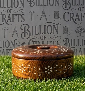 Boîte à épices en bois artisanale Billion Crafts, conteneur de rangement pour herbes, couvercle à rabat, design moderne, incrustation florale, cuisine, masala - Product Image 1