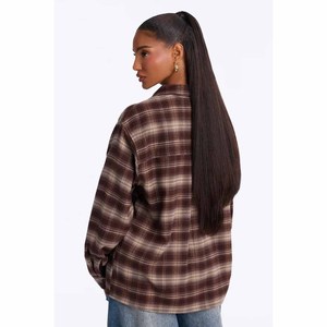 Turn Down Collar <b>Long</b> <b>Sleeve</b> Plaid Print <b>Brown</b> Color Casual Fashion <b>Tops</b> Blouse Shirts for Women - Product Image 2