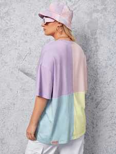 ONETEN APPARELS Women's Color Block T-Shirt Pastel Blue and Yellow Short Sleeve <b>Top</b> - Product Image 5