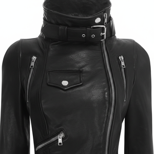 Veste en cuir noire pour femme, style motard, coupe slim, streetwear décontracté, couleur unie - Product Image 6