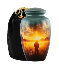Urne funéraire en métal bleu avec hibou des champs en vol sur champ de fleurs sauvages, urne pour cendres d'adulte, personnalisée, durable, grande urne pour cendres humaines - Product Image 3