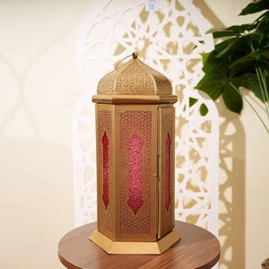 Wholesale Ramadan Home Decorations <b>Gold</b> Metal Moroccan Candle Holder <b>Lantern</b> with Color Glass for Tabletop - Product Image 1