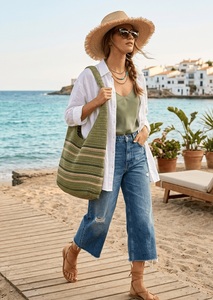 Sac fourre-tout en crochet vert rayé style bohème avec fermeture éclair, écologique, pour la plage, toutes saisons, pour femmes - Product Image 2
