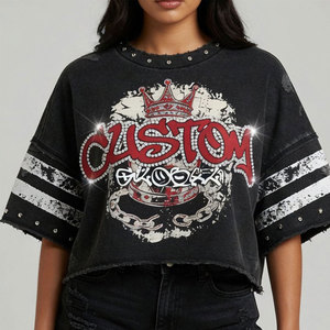 T-shirt court pour femme avec couronne en strass personnalisée, manches courtes, col rond, coupe ample, style punk, tee-shirt graphique, streetwear tendance - Product Image 3
