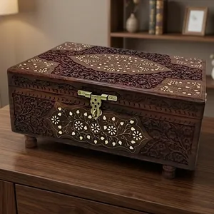 Handcrafted Wooden Jewelry Box with Carved Floral Design and Brass Lock Storage Organizer From Uttarakhand for Home Decor - Product Image 2