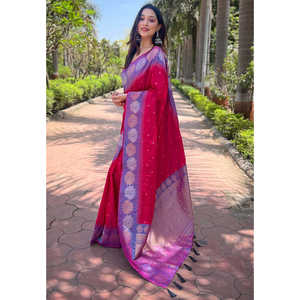 ผ้าส่าหรีถักลายดอกไม้ผ้าไหมนุ่มสีชมพูสุดหรูผ้า Zari - Product Image 1