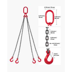 Eslinga de Cadena de Acero Aleado G80 de Alta Resistencia, 1/4 x 5 pies, Capacidad de 6600 LBS, Polipasto de Cadena Ajustable para Motor, Ganchos de Agarre de 4 Patas para Carga - Product Image 2