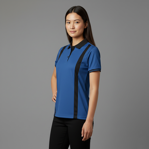 Nouveau Polo Femme Bleu et Noir à Blocs de Couleurs, Manches Courtes, Décontracté, Séchage Rapide, en Polyester Tricoté, avec Logo Imprimé par Transfert Thermique sur le Devant - Product Image 6