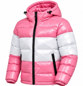 Chaqueta acolchada con capucha para hombre, color rosa y blanco, con bloques de color, gruesa, con cremallera, informal, para invierno. - Product Image 4