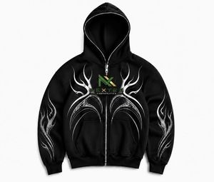 Custom Tribal Flame <b>Zip</b> <b>Up</b> <b>Hoodie</b> Men <b>Y2K</b> Chrome Wing Print Streetwear Jacket - Product Image 2