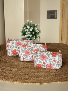 Block Printed Floral Zipper Women Makeup Bag Soft Handle Eco-Friendly Lightweight Vintage Style Multifunction Customizable - Product Image 1