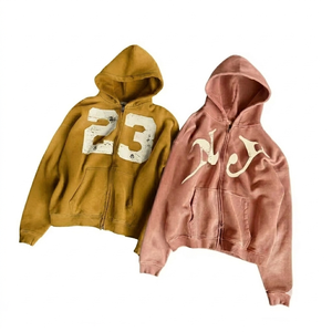 Sudadera con capucha y cremallera de felpa gruesa vintage personalizada, 100% algodón, verde rosa empolvado, oversize, con bordado desgastado, para hombre - Product Image 1