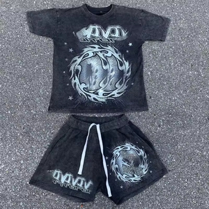 เสื้อยืดกราฟิกลายพิมพ์แบบแอซิดวอชและกางเกงขาสั้นชุดเซ็ตผู้ชาย ผ้าคอตตอนหนานุ่มทรงโอเวอร์ไซส์ สไตล์สตรีทแวร์ ชุดสองชิ้นสำหรับฤดูร้อน - Product Image 2